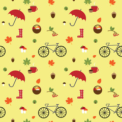 vector seamless pattern with autumn flat icons on the light yellow background
