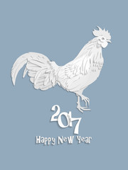 Obraz premium White cock on blue background looking at right. Chinese calendar Zodiac for 2017 New Year of red fire rooster. Isolated vector silhouette made in paper cut style.