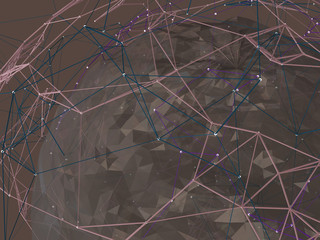 Abstract background lines, connected dots and geometric shapes. 3D illustration.