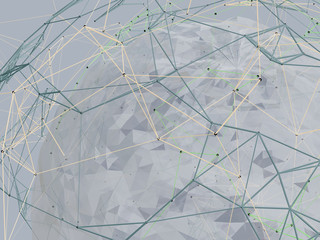 Abstract background lines, connected dots and geometric shapes. 3D illustration.