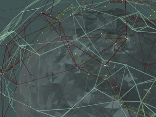 Abstract background lines, connected dots and geometric shapes. 3D illustration.