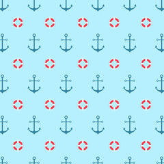 Seamless pattern with a lifeline and anchor. Bright sea background. Vector pattern