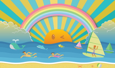 Rainbow with sunrise. Colors background with sunshine, human swimming, cloud, sailing boat and sea animals. Beach holidays. Environment concept for earth day.