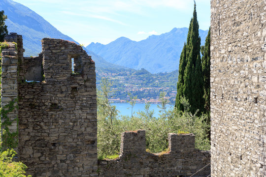 View from Castle Castello di Vezio to Lake Como and mountains, Lombardy, Italy