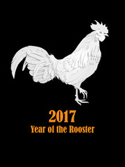 Fototapeta na wymiar White cock on black background looking at right. Chinese calendar Zodiac for 2017 New Year of red fire rooster. Isolated vector silhouette made in paper cut style.