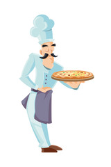 vector illustration of itallian cook holding tray with pizza.