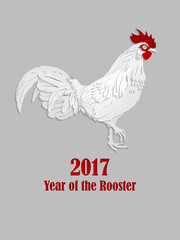 Fototapeta na wymiar White cock on grey background looking at right. Chinese calendar Zodiac for 2017 New Year of red fire rooster. Isolated vector silhouette made in paper cut style.