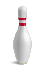 Bowling pin. Skittle with red stripes. Sport competition. Activity and fun game. Vector illustration isolated on white background