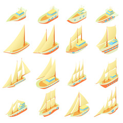 Sailing ship icons set in cartoon style. Ship and boat set collection vector illustration