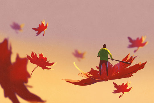 autumn falling,small man rowing maple leaf floating in the sky,illustration painting