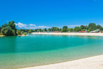      Beautiful Jarun lake in Zagreb, Croatia, sunny summer day 