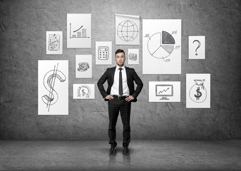 Businessman stands on background of concrete wall with business posters