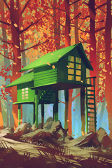 green houses in autumn forest,illustration painting