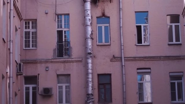 Low Angle of an Old Wall With a Downspout and Dirty Windows After a Fire in Typical Well-Courtyard Old Building in Saint Petersburg, Russia.