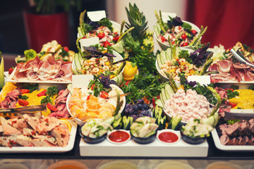 Luxury food wedding table in hotel or restaurant