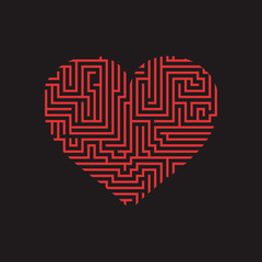 maze heart Valentine Day Puzzle find the way red on black 3