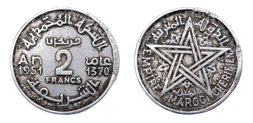 Coin 2 Francs. Kingdom of Morocco. French protectorate. 1951 year