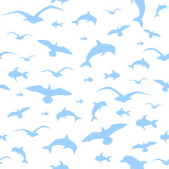pattern seamless white background seagulls dolphins and fish mar