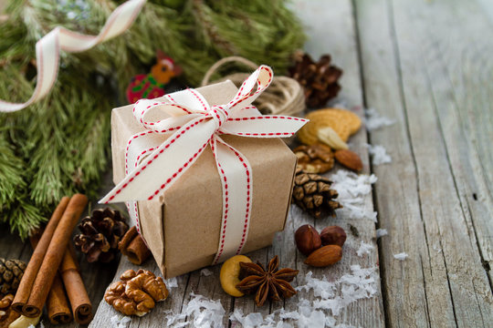 Christmas preasent nuts cinnamon ribbon