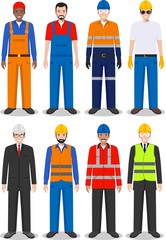 Professional people concept. Set of different detailed illustration of worker, builder and engineer in flat style on white background. Vector illustration.