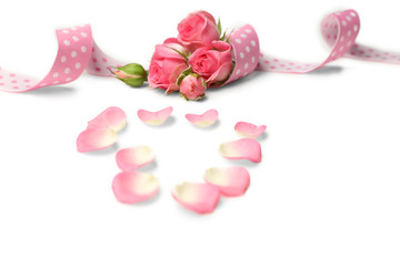 Pink ribbon with flowers. Wedding concept