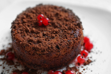 Tasty chocolate fondant with red currant on white plate, closeup