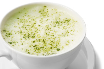 Cup of green matcha tea closeup