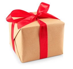 Gift box with red ribbon isolated on white