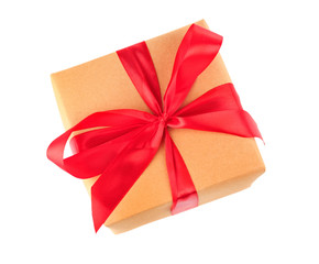 Gift box with red ribbon isolated on white