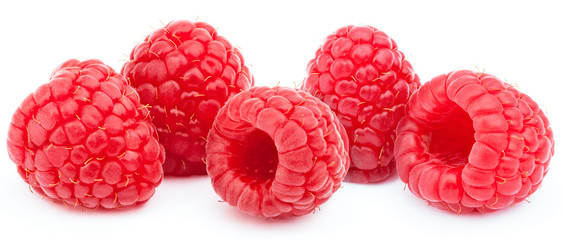 Five ripe raspberries in a line isolated on white background with clipping path