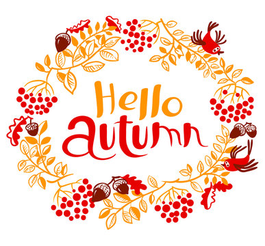 Fall season wreath doode vector design with birds, acorns, colorful leaves and hello autumn lettering