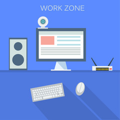 Desk office, flat style . Vector illustration