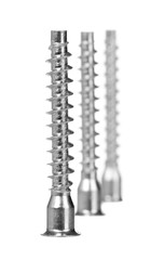 Long silver screw for furniture on a white background