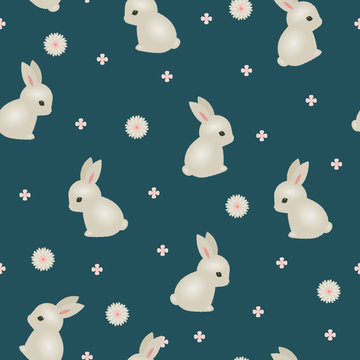 White baby rabbit floral seamless wallpaper