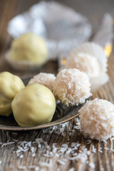 Plate with truffles handmade white chocolate.