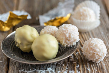Handmade Truffles White chocolate closeup.
