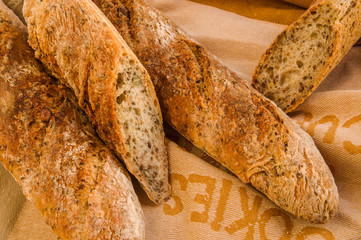 Fresh Alpine Baguettes with seeds and cereals.