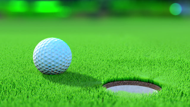 Gros plan d'une balle de golf sur le green proche du trou. Concept gagnant. Rendu 3D
