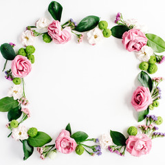 round frame wreath pattern with roses, pink flower buds, branches and leaves isolated on white background. flat lay, top view