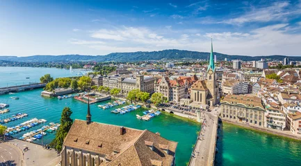Selbstklebende Fototapete Zentraleuropa Aerial view of Zürich city center with river Limmat, Switzerland