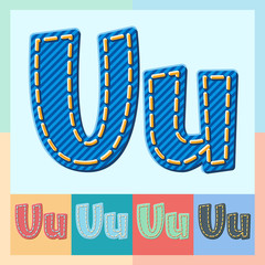Vector jeans alphabet. Optional colorful graphic styles. Letter U