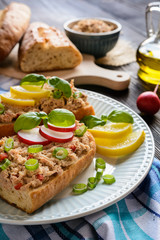 Fototapeta na wymiar Slices of baguette with tuna spread, red pepper and green onion