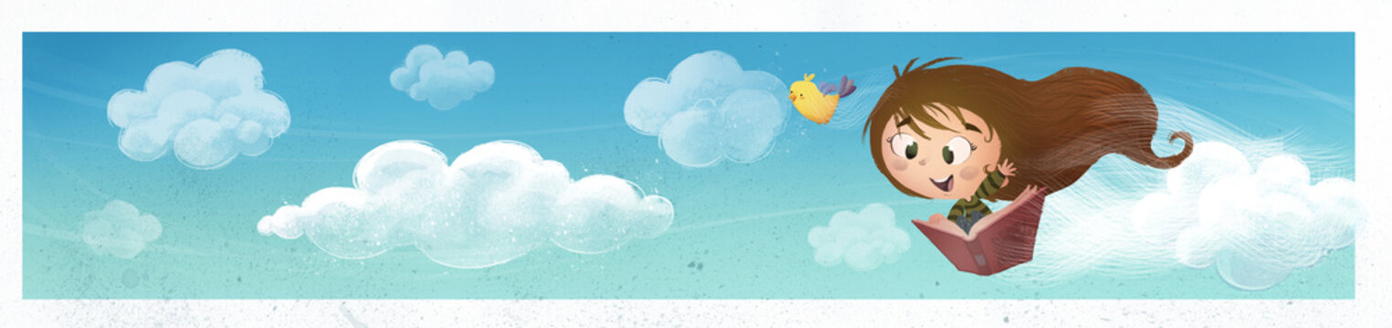 ni&ntilde;a volando en el cielo con libro