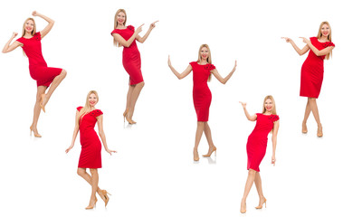 Woman in red dress isolated on white