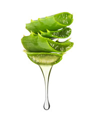 Essence from aloe vera plant dripping from leaves on white - obrazy, fototapety, plakaty
