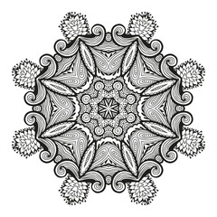 Round decorative ornament, black and white floral pattern, vector illustration