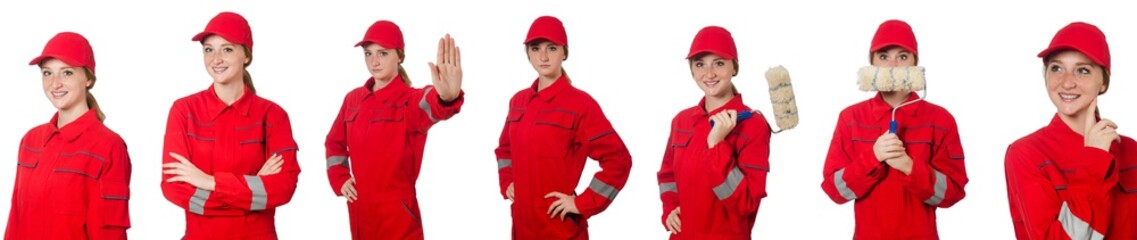 Woman in red overalls isolated on white