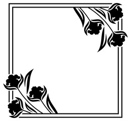 Square label with black and white decorative flowers silhouettes. Copy space. Design element for your artwork. Vector clip art.
