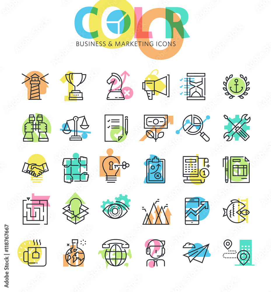 Poster flat line icons set of business management, marketing and communication. modern design icons for web
