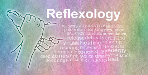 Reflexology Word Cloud Banner - outline illustration of a pair of hands holding a foot beside a...